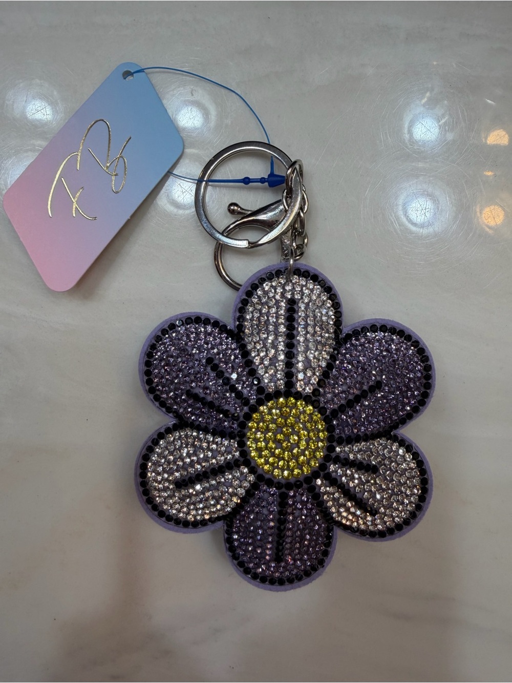 Floral Crystal Keychain Charm - Purple Daisy